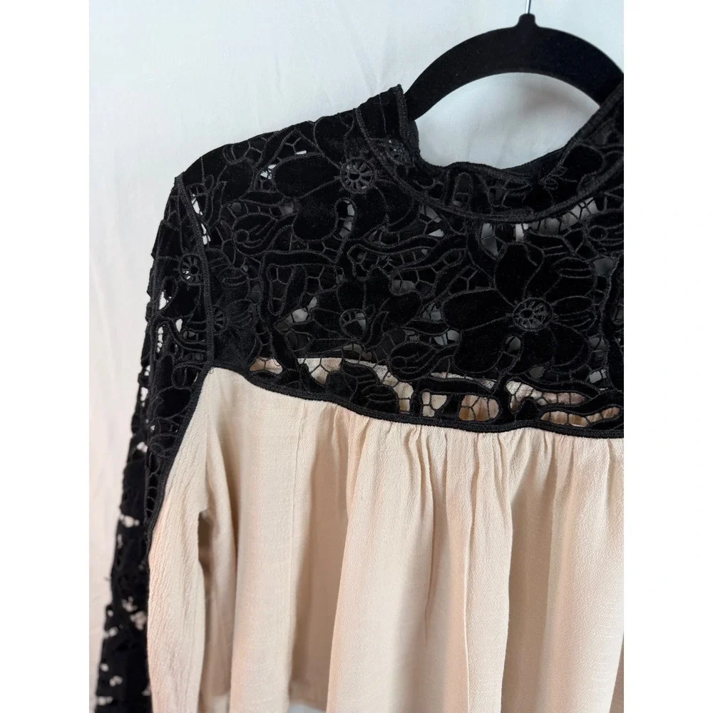 Velvet Lace Free People Crop‎ Top Long Sleeve Black Cream Boho Victorian Blouse